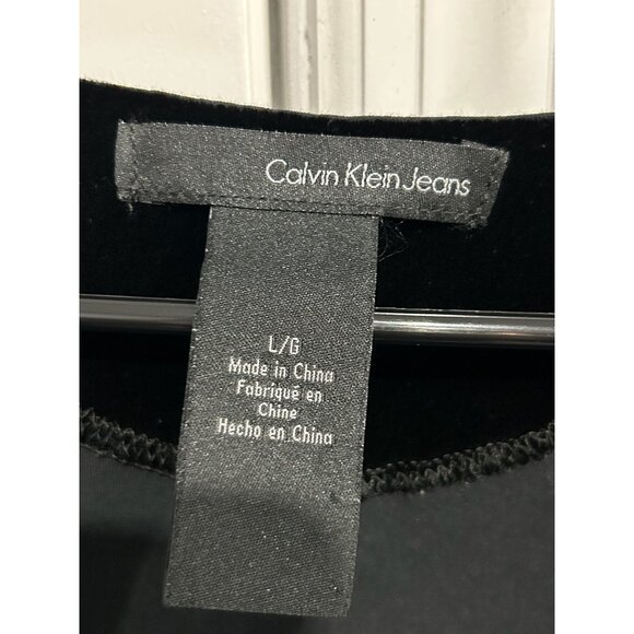 Calvin Klein Jeans Black Draped Velvet Accent Short Sleeved Top Sz Large - Picture 5 of 10